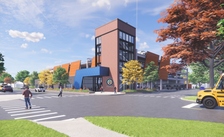 Architectural rendering of The Hub, Wichita's new multimodal transit center, a modern multi-story building with glass facade and integrated parking garage located at 207 S. Sycamore in the Delano neighborhood.